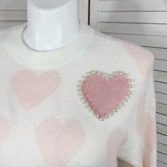 Vince Camuto One and Only Hearts Pearl Embellished Sweater Ivory Pink Medium - Picture 5 of 12